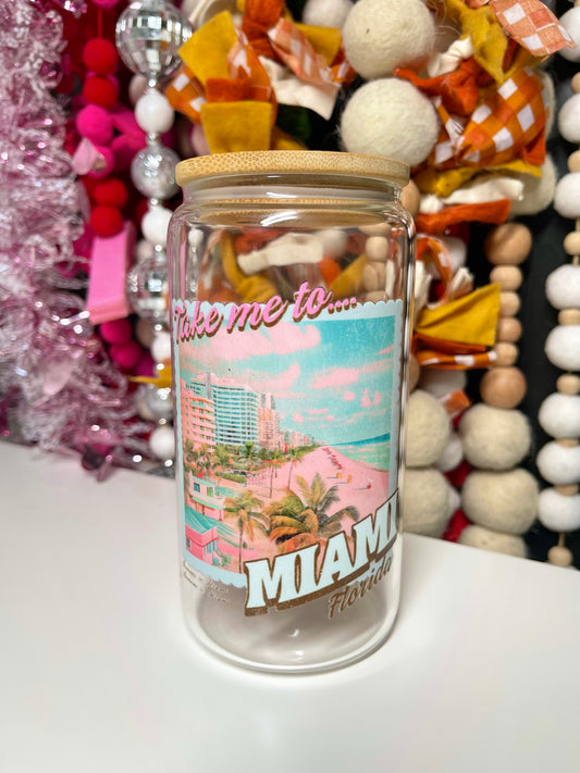 Retro Take Me To Miami Postage Stamp Glass Can Coffee Mug